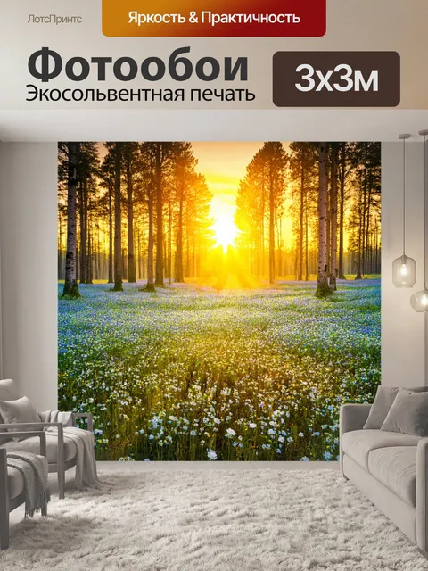 Фотообои лес с бескрайними полями цветов и солнцем, восходящим на горизонте