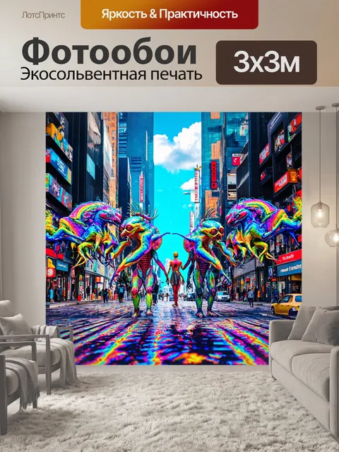 Фотообои город в стиле психоделизм, странные существа, гуляющие по улицам и взаимодействующие с окружающим миром
