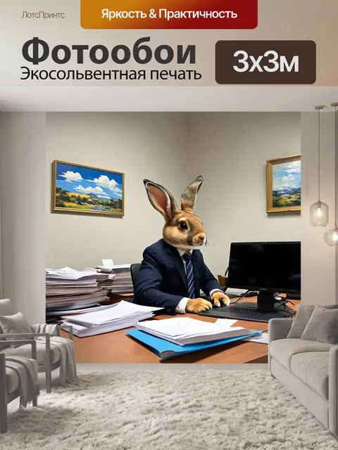 Фотообои зайчонок в офисном костюме, который сидит за столом и работает на компьютере