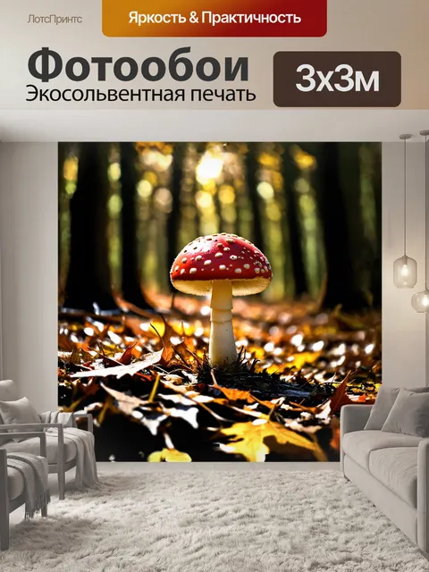 Фотообои редкий красный мухомор, растущий среди осенних листьев, излучает яркость в тёмном лесу