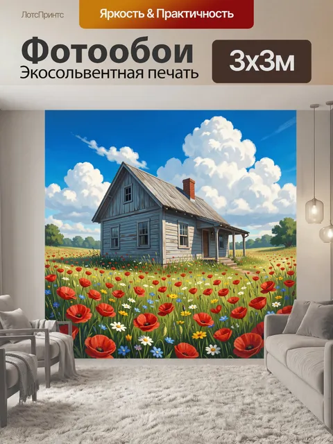 Фотообои Сельский дом среди маков