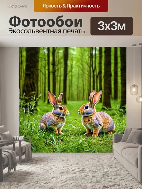 Фотообои лес, где играют два зайца среди высоких трав