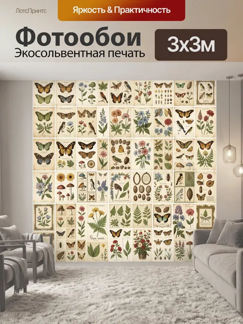 Фотообои Ботанические птицы и бабочки