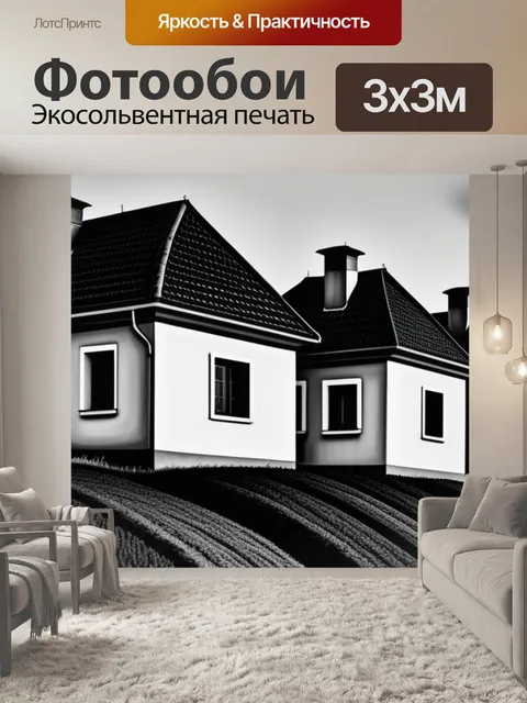 Фотообои сельский пейзаж с домами чернобелый