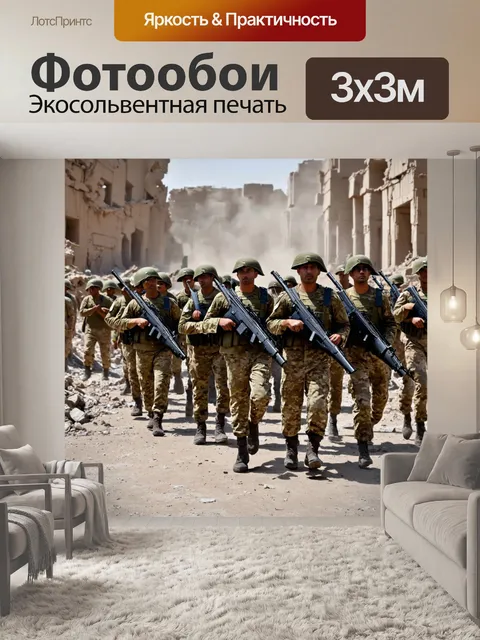 Фотообои армия на марше через разрушенный город