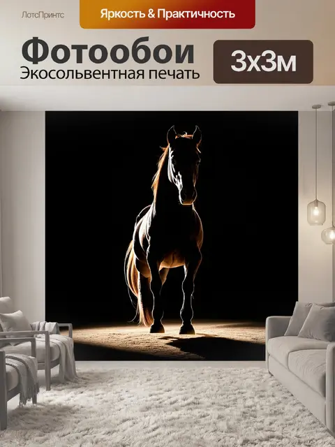 Фотообои Силуэт лошади, стоящей на задних ногах, на фоне сильного контраста света и тени