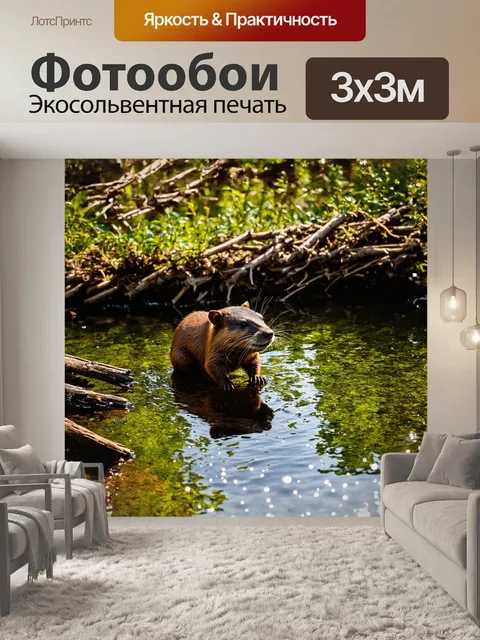 Фотообои в центре внимания бобр, который энергично кладет палочки и прутики для строительства своей плотины