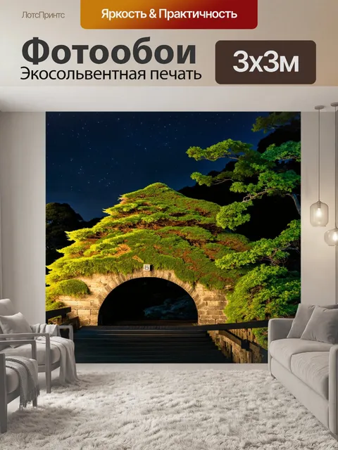 Фотообои ночь в стиле японская тушь, showcasing старинный мост, покрытый мхом, освещённый нежным светом