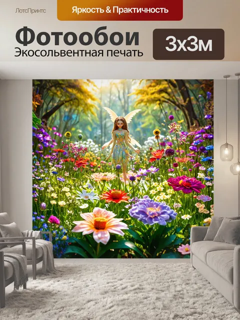 Фотообои цветы в стиле фэнтези, где сад переполнен цветами и мистическими существами, наслаждающимися их красотой