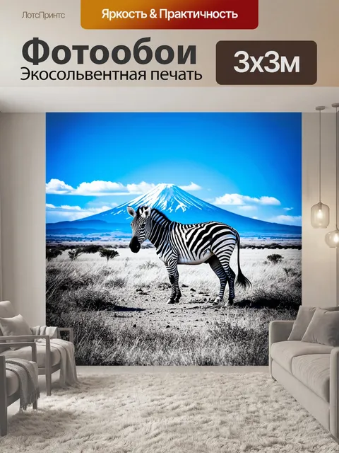 Фотообои пейзаж с зеброй на фоне далёкой горной цепи, где облака плывут по голубому небу