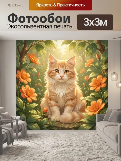 Фотообои Рыжий котенок среди цветов
