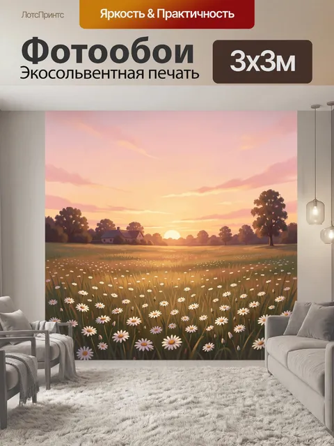 Фотообои Поле ромашек на закатном небе