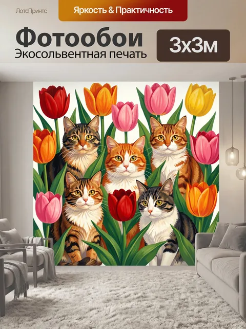 Фотообои Коты среди ярких тюльпанов