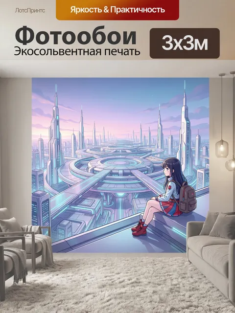 Фотообои Юная мечтательница над мегаполисом