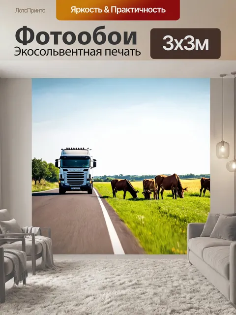 Фотообои грузовик на дороге, следящий за животными на пастбище