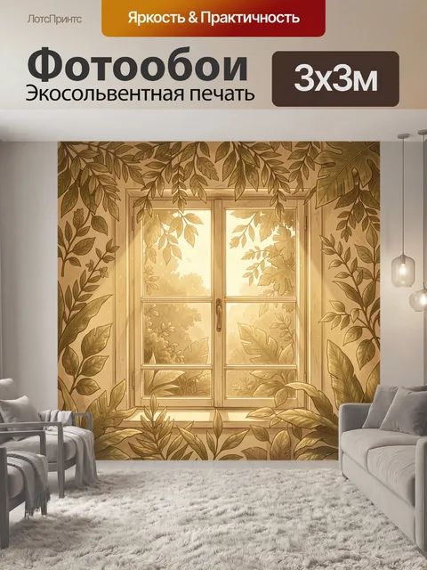 Фотообои Листья вокруг окна в золоте