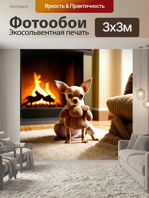Фотообои чихуахуа, обнимающая мягкую игрушку, в теплой комнате с камином
