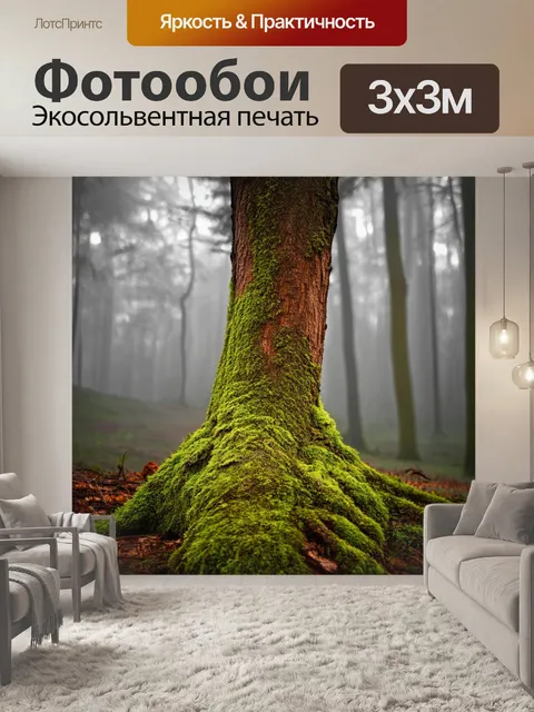 Фотообои коричневый дуб, покрытый мхом, на фоне старого леса с туманом