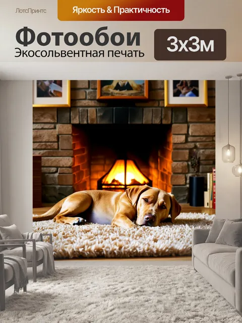 Фотообои лабрадор, мирно спящий на тёплом ковре у камина, свет лампы создаёт уютную атмосферу