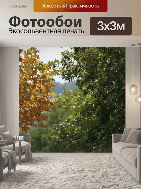 Фотообои желтые кленовые и зеленые деревья