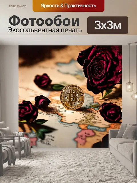 Фотообои золотая монета, словно светящийся артефакт, лежит на старинной карте, окружающей её бутоны черных роз и…