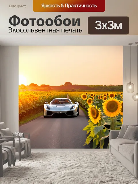 Фотообои спортивный автомобиль, проезжающий мимо цветущих полей с подсолнухами под светом вечернего солнца