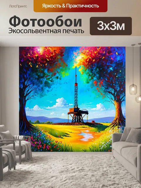 Фотообои сказочный пейзаж на фоне уединенной нефтяной вышки, окруженной сказочными деревьями и цветами