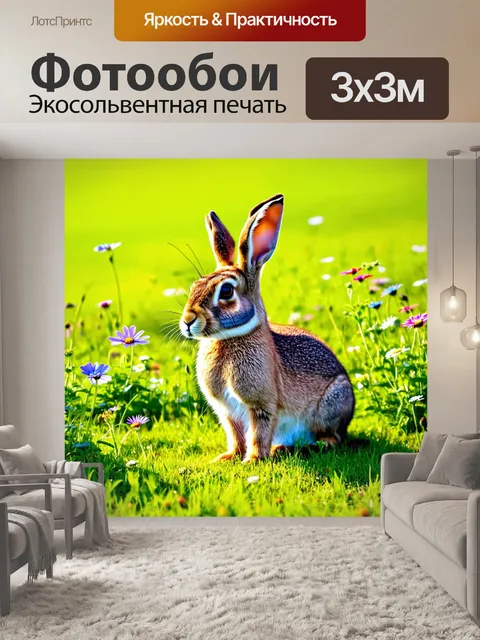 Фотообои заяц, который сидит на зеленом лугу под ярким солнечным светом, окруженный цветами, с деталями шерсти…
