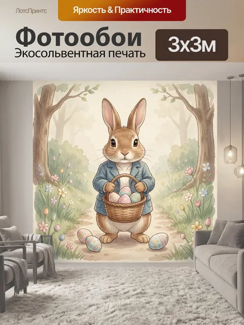 Фотообои Кролик с пасхальной корзинкой