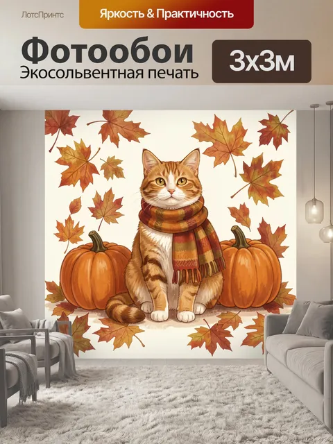 Фотообои Кот в шарфе и осенние листья