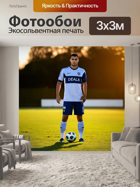 Фотообои футболист, одетый в свою командную форму, с мячом на лужайке перед тренировкой, со светом заходящего солнца