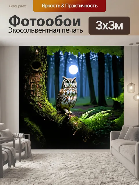Фотообои сова, сидящая на ветке старого дерева, охватывает своей неподвижной позой атмосферу тихого леса