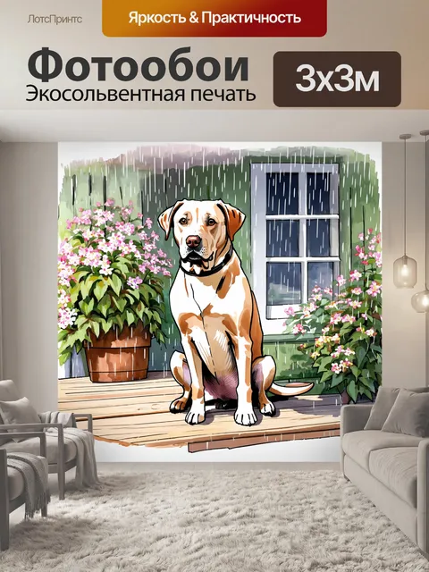 Фотообои лабрадор, сидящий на деревянной веранде старого загородного дома, окруженном цветущими растениями