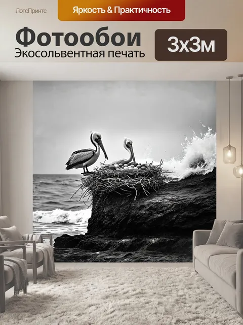 Фотообои пеликан, защищающий свое гнездо на краю скалы, стойко оберегает яйца от сильного ветра