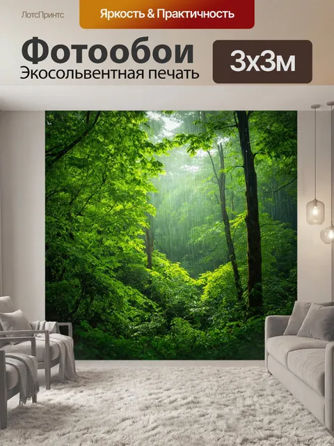 Фотообои зелень дождливого леса с яркими листьями и светом, пробивающимся сквозь деревья
