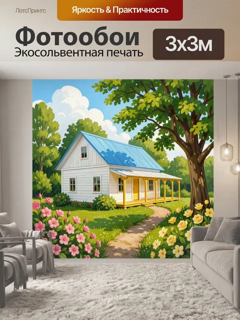 Фотообои Белый дачный домик в саду