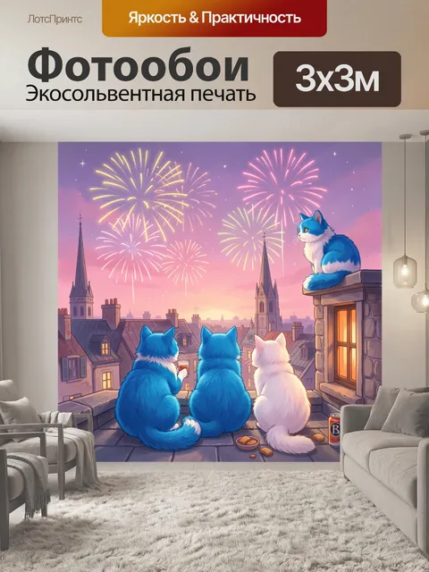 Фотообои Кошки на крыше под фейерверком