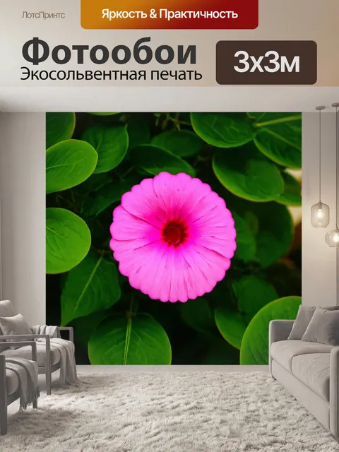 Фотообои розовый цветок в окружении зелёных листьев