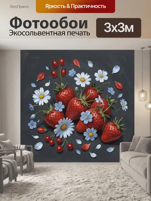 Фотообои Клубника с васильковыми цветами