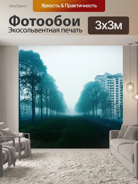 Фотообои туман в стиле двойная экспозиция, в которых городские силуэты плавно переходят в туманные леса