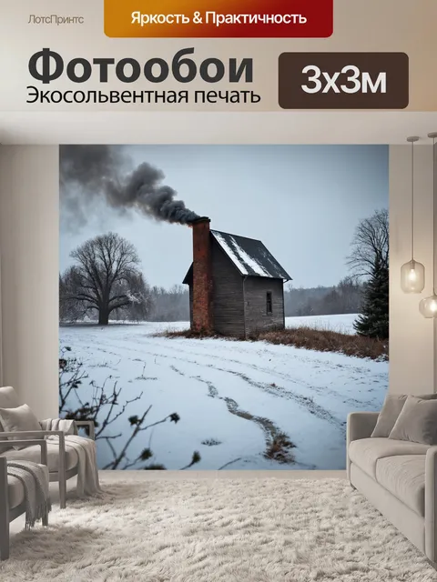 Фотообои винтаж, изображающие заснеженный пейзаж с старинным домом и дымом, поднимающимся из трубы