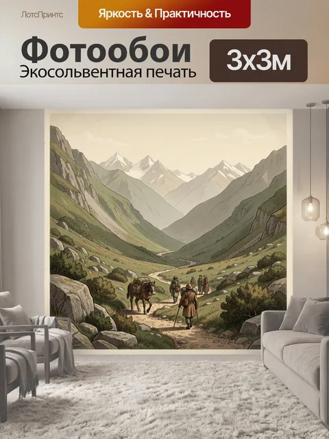 Фотообои Горная долина с путниками