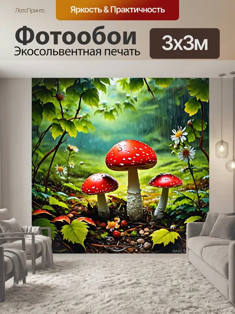 Фотообои в глубине влажного тропического леса под лианами растут яркие красные мухоморы, покрытые каплями дождя