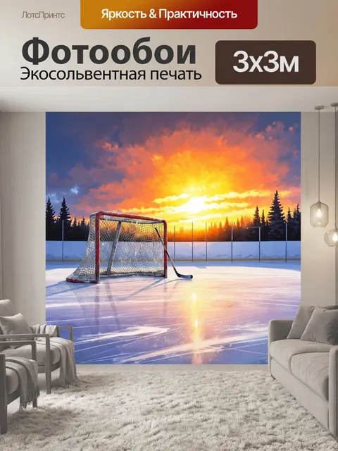 Фотообои хоккейные ворота на фоне красивого заката над ледяным полем