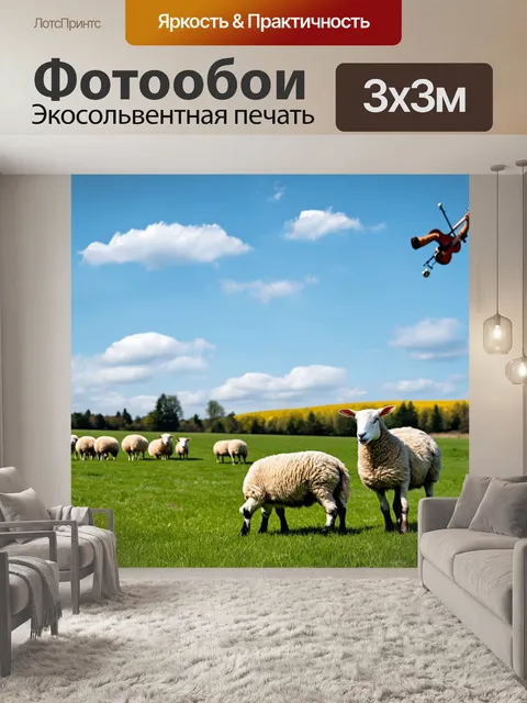 Фотообои с животными, на солнечном пастбище, стадное стадо овец мирно пасётся на зелёной траве, а в небе над ними…