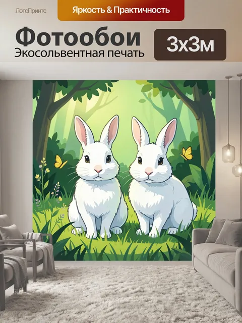 Фотообои Два белых кролика в лесу