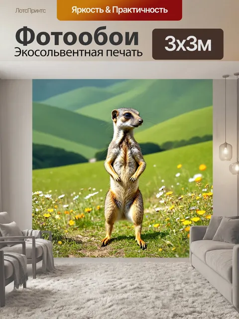 Фотообои сурикат, стоящий на задних лапках, внимательно наблюдающий за окружающим миром, с зелеными холмами и…