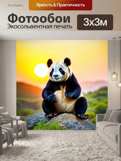 Фотообои панда, сидящая на скале и наблюдающая за закатом