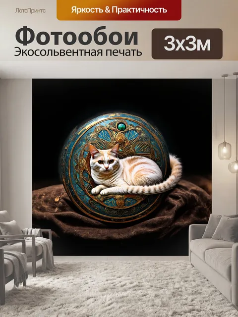Фотообои мистический кот, свернувшийся в клубок на древнем, интригующе расписанном талисмане, в мистическом стиле, с…