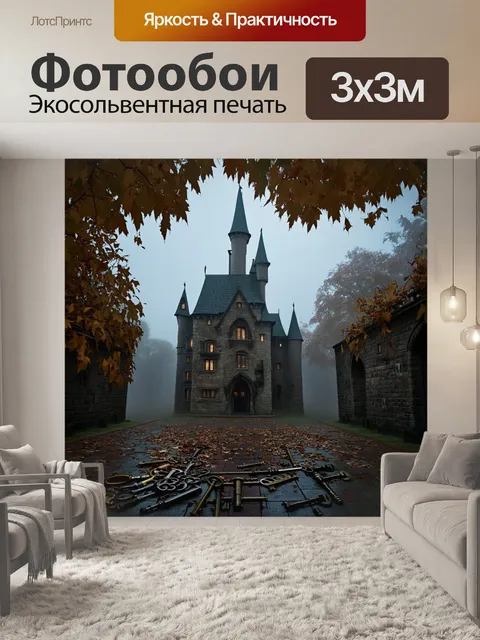 Фотообои загадочный замок, скрытый в тумане, с завуалированными замками и множеством старинных ключей разбросанных по…
